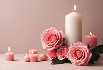 Elegant Pink Roses and Candles on Pastel Background
