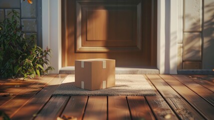 Delivered parcel or box on door mat near entrance. Delivered outside the door, e-commerce purchase on welcome mat.