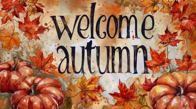 Flat Design Welcome Autumn Leaves Background. illustration of fall autumn leaves with the welcome fall typography