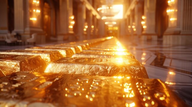 Golden bullion bars in grand hall - generative ai