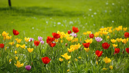 Fototapeta premium Colorful tulips blooming in a sunny green meadow