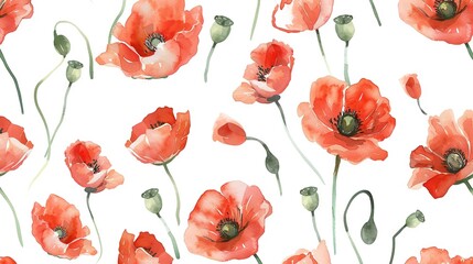   Watercolor Red Flower with Green Stem and Buds on White Background