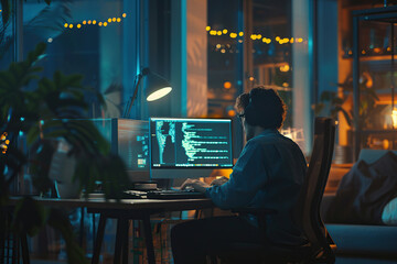 Fototapeta premium Young man programmer working in office at workplace station