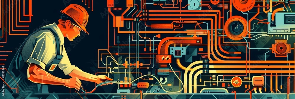 Poster a skilled technician works diligently on a intricate and colorful wiring system, symbolizing the int
