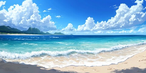 Deserted Beachscape: Tranquil Anime-Style Seaside with Gentle Waves Lapping at an Empty Shore, Absence of Tourists,Abstract concepts, game concept art, storybook illustrations, comic strips
