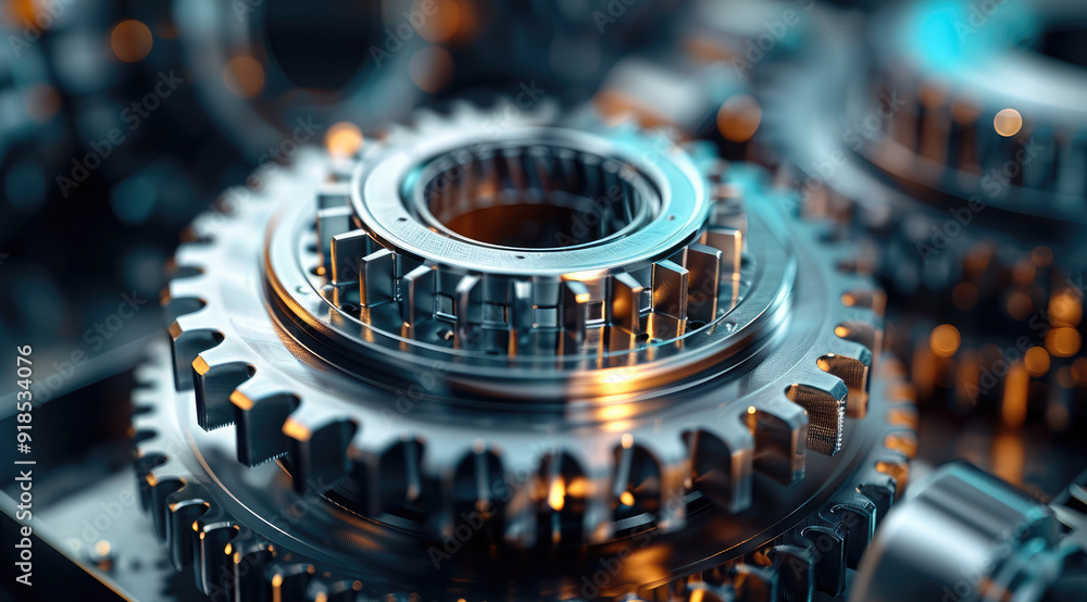 Aufkleber Close-up on a series of quantum mechanical gears operating in sync, symbolizing the integration of quantum mechanics in machinery. High-resolution, detailed textures. Generative AI.