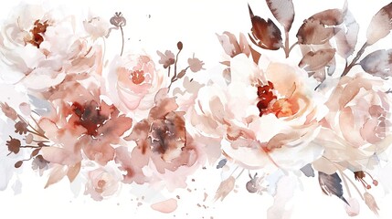   A watercolor painting of a group of flowers on a white canvas featuring prominent red and pink blossoms centrally positioned