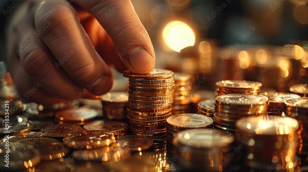 Aufkleber a hand is placing coins in stacks. generative ai.