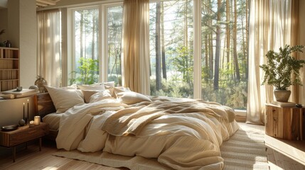 Sunlit bedroom with forest view - generative ai