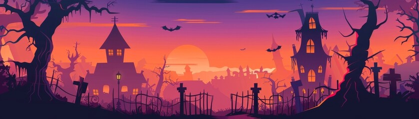 A spooky Halloween scene with two haunted houses, a graveyard, a setting sun, and bats flying in the sky. It evokes a sense of mystery, danger, and the supernatural.