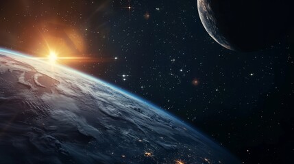 A stunning view of Earth from space, showcasing a sunrise over a blue planet with a crescent moon in the background and a vast expanse of twinkling stars.