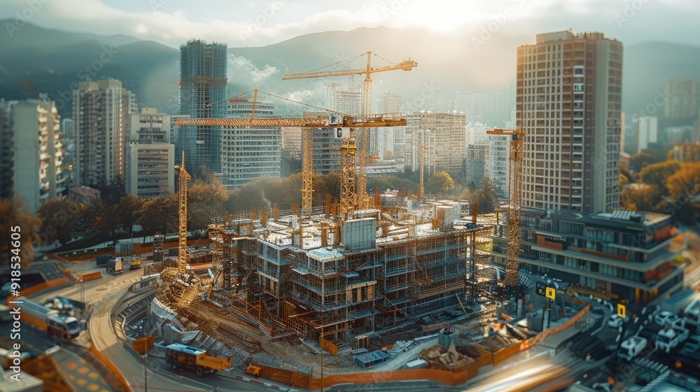 Poster 5g smart construction iot concept, 5g connected construction site. generative ai.