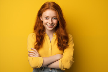 Fototapeta premium Young pretty Redhead girl over colorful background