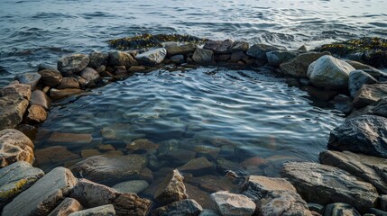 Fototapeta premium A tranquil scene of a shallow tidal pool surrounded by smooth, gray rocks, with the glistening ocean water in the background.