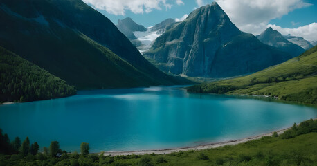 Fototapeta premium Turquoise mountain lake reflecting majestic peaks on sunny day