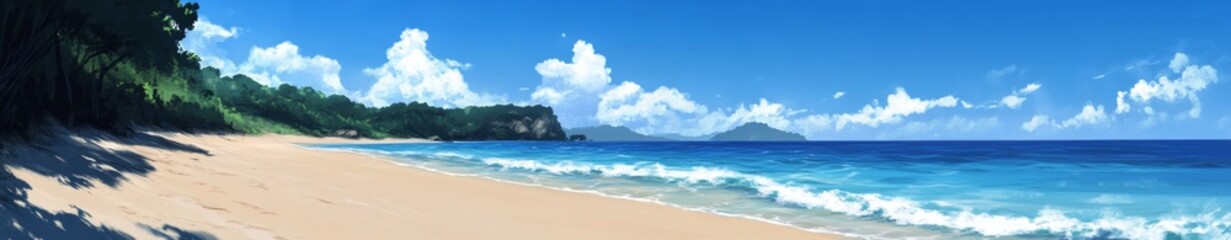 Obraz premium Deserted Beachscape: Tranquil Anime-Style Seaside with Gentle Waves Lapping at an Empty Shore, Absence of Tourists,Abstract concepts, game concept art, storybook illustrations, comic strips