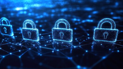 Digital Padlocks in a Secure Network Environment - A series of glowing digital padlocks integrated into a network, symbolizing cybersecurity, data protection, and secure online systems.