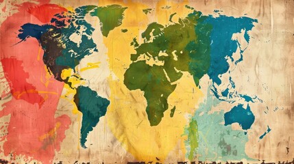 A vintage-style world map with colorful continents representing different regions. The map is painted on old paper with a worn texture, conveying a sense of history and exploration.