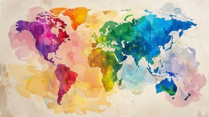 A vibrant watercolor painting depicting the world map with colors representing different continents and cultures. It symbolizes global connection, diversity, and unity.