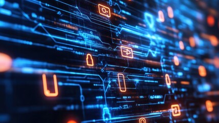 Digital Interface with Secure Data Network - Close-up of a digital interface displaying a secure data network, highlighting encryption, cybersecurity, and digital communication systems.