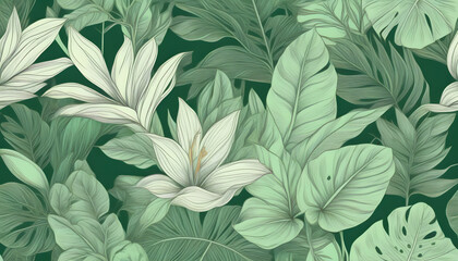 Seamless pattern with white tropical flower and green leaves on dark background