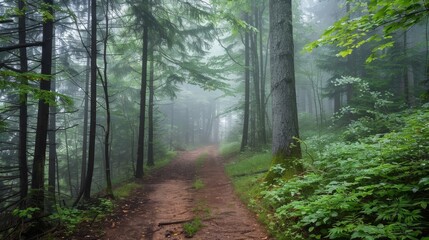 Fototapeta premium A winding path leads through a dense forest shrouded in mist, symbolizing mystery, exploration, tranquility, nature's beauty, and the unknown.