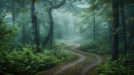 Fototapeta premium A winding path through a lush forest, shrouded in mist, evokes a sense of mystery, peace, and tranquility. The path invites exploration, leading to an unknown destination.