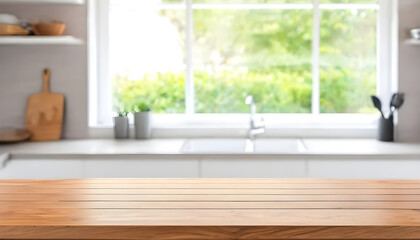 Empty wooden tabletop with blurred modern kitchen background