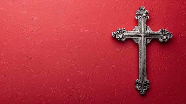 A silver cross on a brown textured background with copy space.