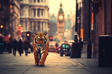 Obraz premium A photo of a majestic tiger exploring the city in London. Demonstrating concepts including urban wildlife, habitat loss, urbanisation, adaptation, nature and civilisation, wildness and modernity.