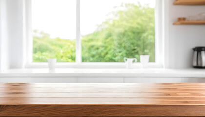 Fototapeta premium Empty wooden tabletop in front of blurred kitchen window background