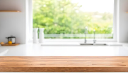Fototapeta premium Empty wooden tabletop over blurred modern kitchen interior background