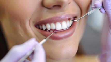 Obraz premium A woman receives a dental checkup and teeth cleaning, symbolizing oral hygiene, dental care, preventative health, healthy smile, and professional dental services.