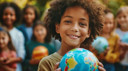Naklejka premium A young child with a warm smile holds a globe, representing global unity, hope for the future, and the importance of education and understanding. The image symbolizes the interconnectedness of all peo