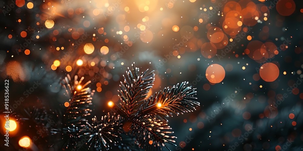 Poster a tree with branches covered in snow and lights. the lights are scattered around the tree, creating 