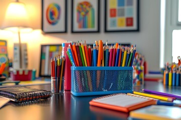 Colorful assortment of stationery in a creative workspace setting.