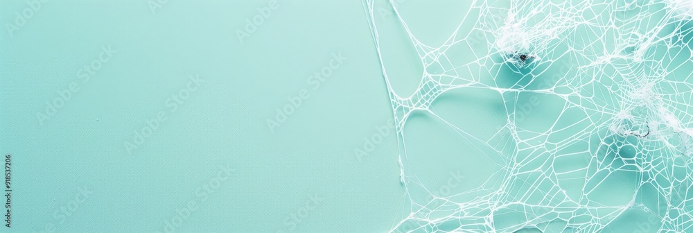 Poster an abstract image of a spider web on a turquoise background. the web is delicate and intricate, symb