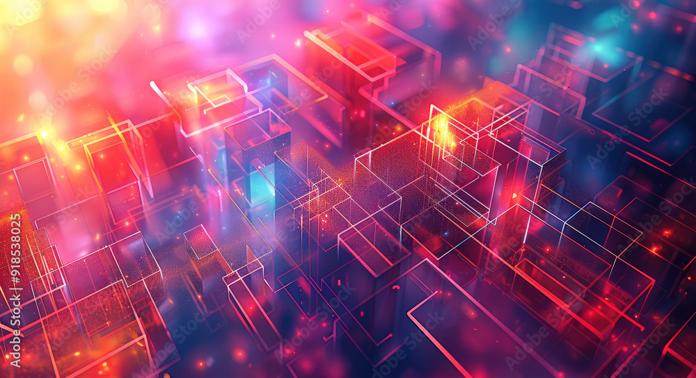 Poster Abstract technology background with vibrant colors and dynamic geometric shapes, copy space. Generative AI.
