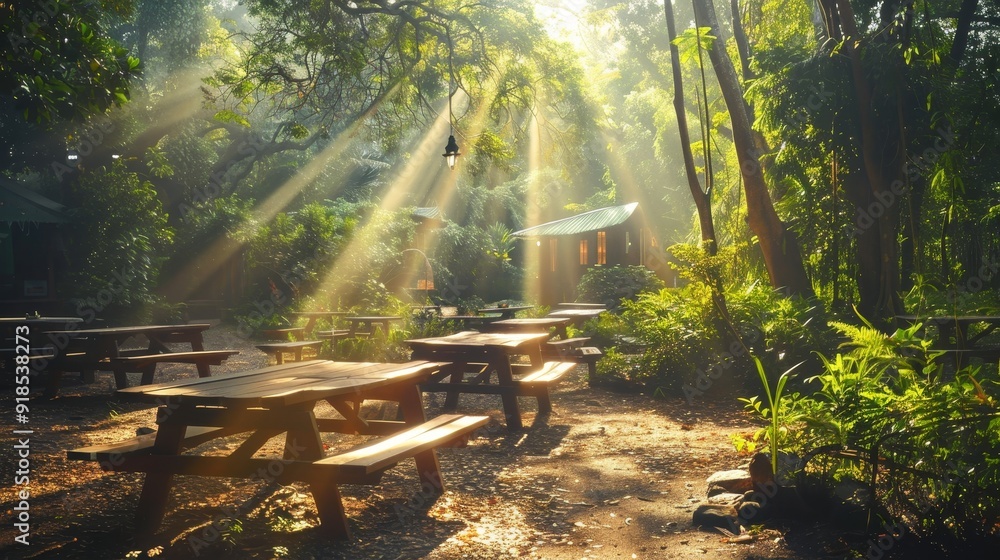 Poster sunlight streams through the trees, illuminating a peaceful picnic area with wooden tables and bench