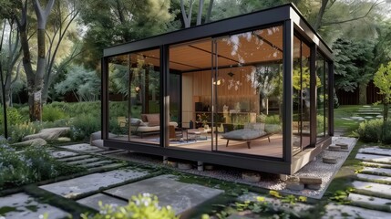 Modern Prefab Tiny Home with Glass Walls and Cozy Interior. Prefabricated Home Concept