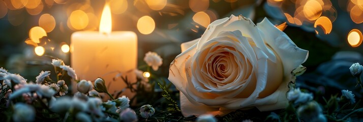 Obraz premium A candle is lit next to a white rose. The candle is surrounded by snow and the rose is in the foreground. Concept of warmth and comfort, as the candle and rose are both symbols of love and affection