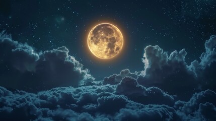 The image showcases a full moon illuminating the night sky, partially obscured by clouds, creating a serene and mystical atmosphere.