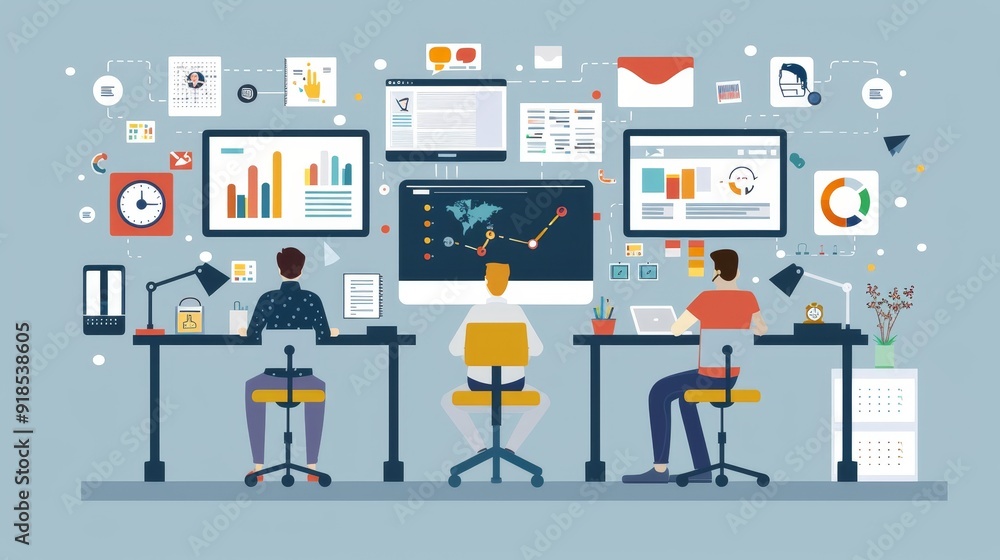 Aufkleber this illustration depicts three professionals working at their desks, each focused on analyzing char