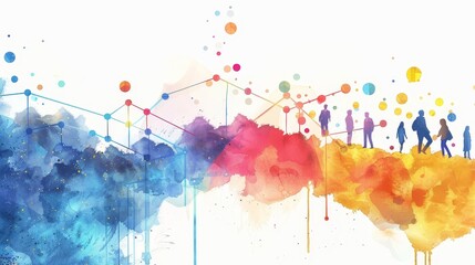 This image depicts a group of diverse individuals connected by a vibrant network of lines, symbolizing unity, growth, and the power of connection. The watercolor background suggests a journey of progr