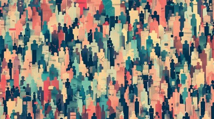 This abstract illustration depicts a large group of people in a dense, colorful pattern, symbolizing community, unity, diversity, anonymity, and connection.