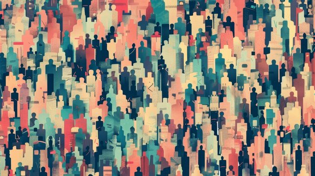 This abstract illustration depicts a large group of people in a dense, colorful pattern, symbolizing community, unity, diversity, anonymity, and connection.