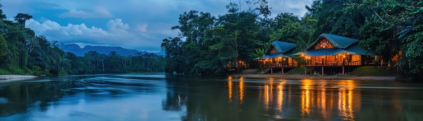 Obraz premium A serene riverside landscape at dusk, featuring cozy lodges and vibrant reflections in the water, surrounded by lush greenery.