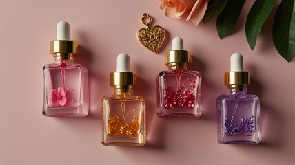 Flat lay style image featuring an assortment of small glass dropper bottles and colorful heart and flower-shaped objects. The bottles are transparent with gold caps