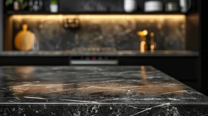Modern empty dark marble table top or kitchen island on blurry bokeh kitchen room interior background