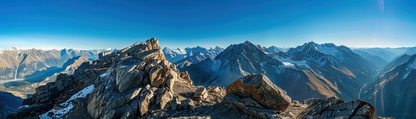 Obraz premium Breathtaking panorama of majestic mountains under a clear blue sky, showcasing nature's beauty and tranquility.